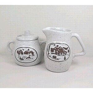 Vintage Onion River Pottery Creamer & Sugar Set, Stoneware Vermont Handmade EUC